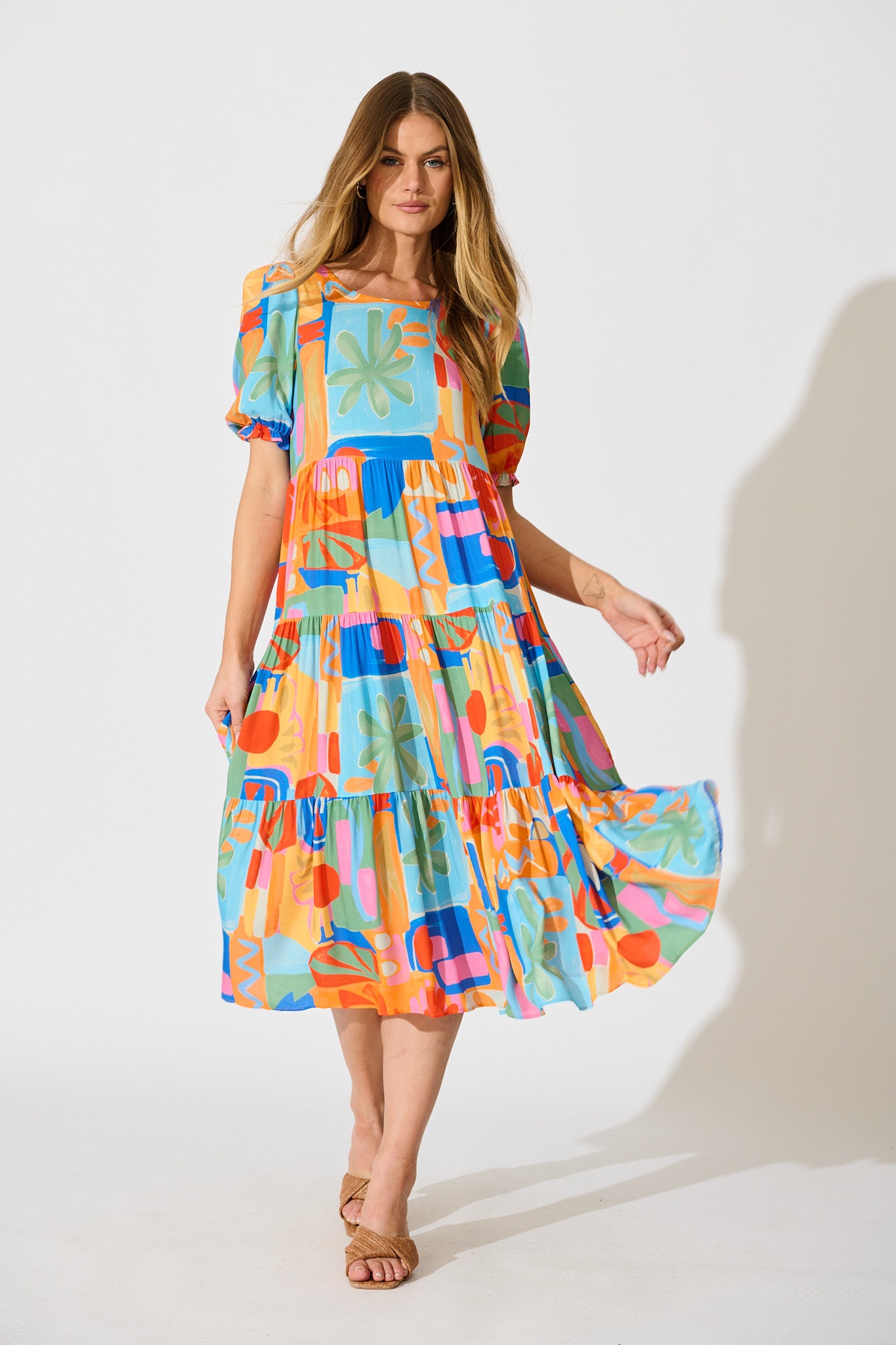 Nevi Tiered Midi Dress in Bright Multi Patchwork Print full length