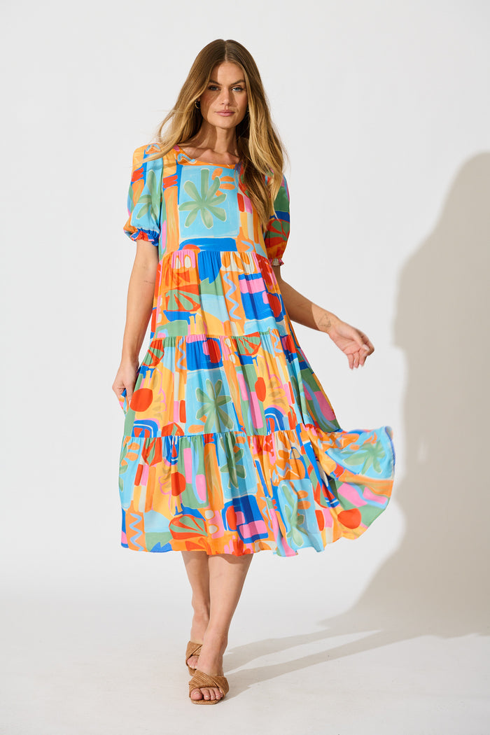 Nevi Tiered Midi Dress in Bright Multi Patchwork Print full length