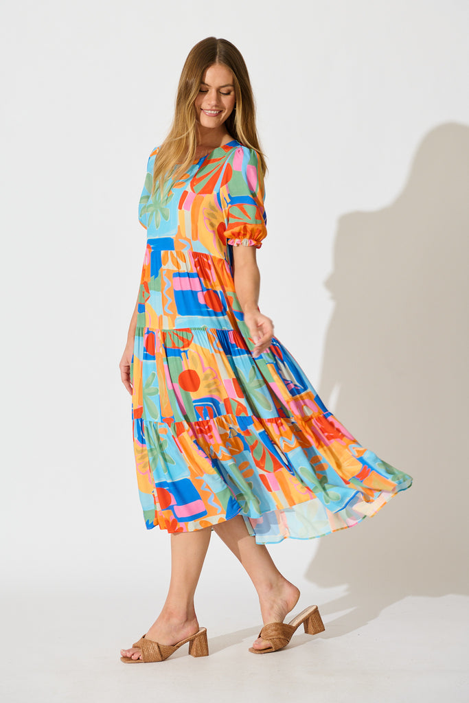 Nevi Tiered Midi Dress in Bright Multi Patchwork Print side
