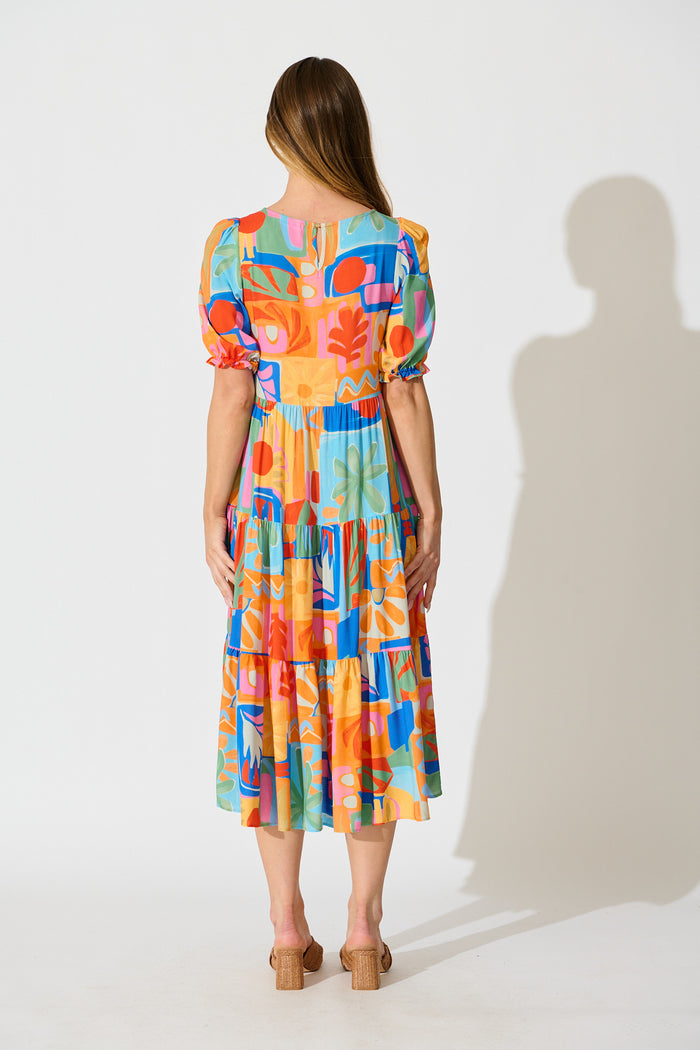 Nevi Tiered Midi Dress in Bright Multi Patchwork Print back