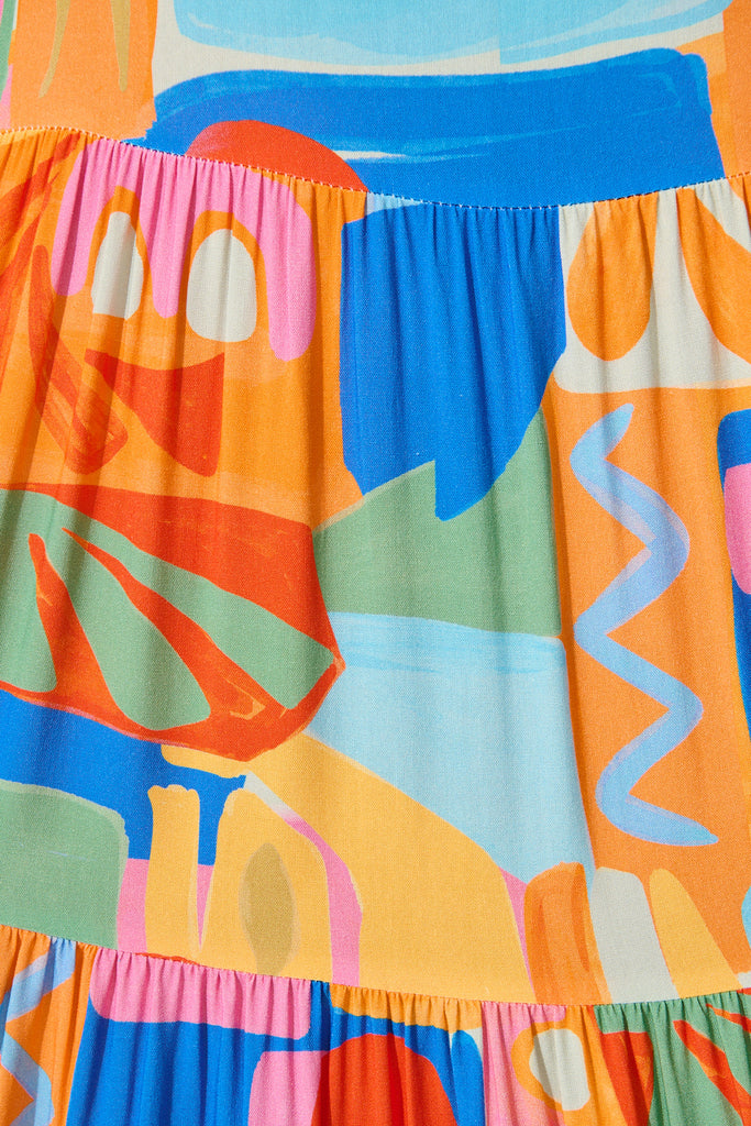 Nevi Tiered Midi Dress in Bright Multi Patchwork Print fabric