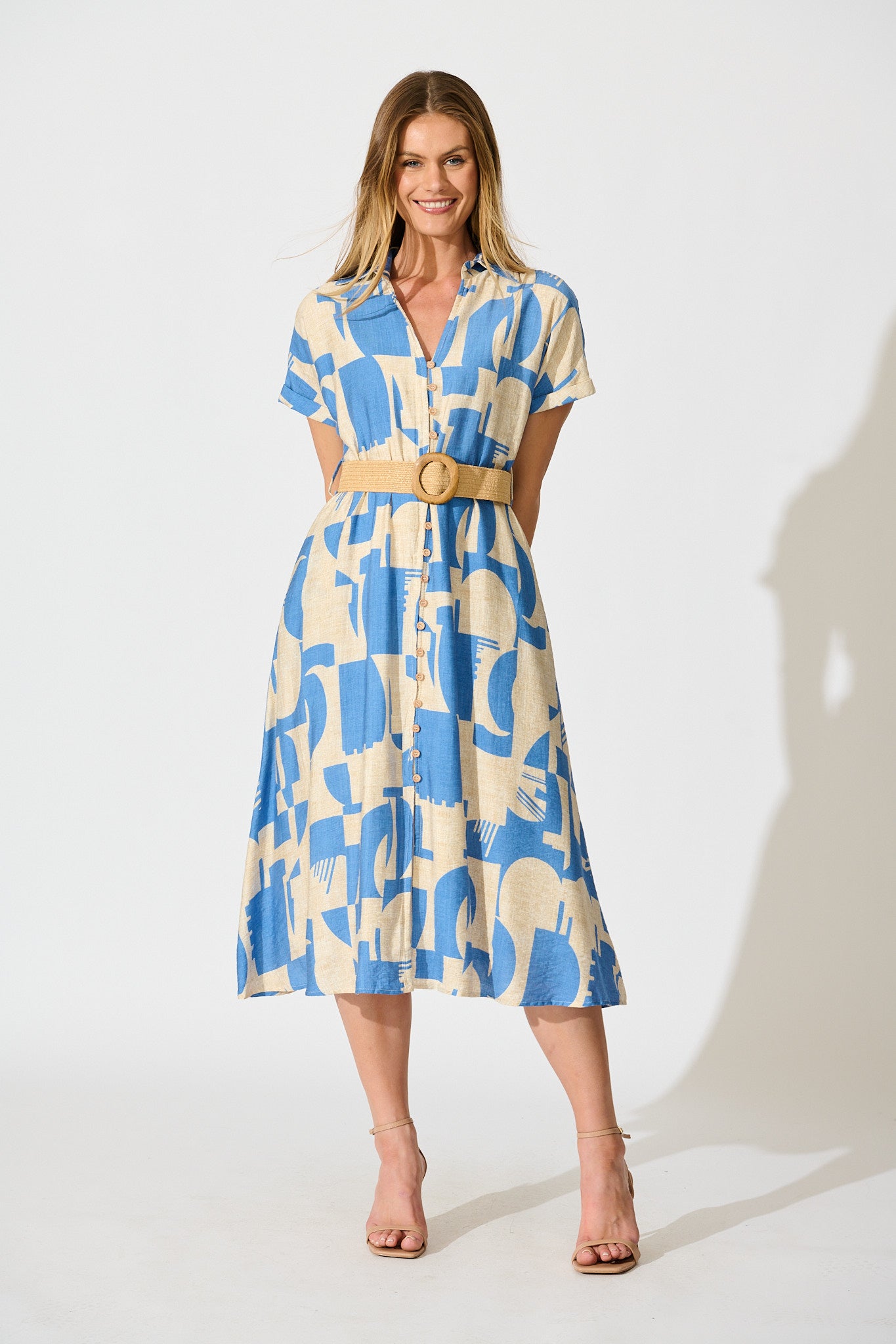 Charli Midi Shirt Dress in Blue Geometric Print with Belt full length