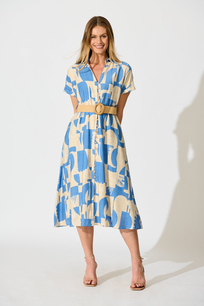 Charli Midi Shirt Dress in Blue Geometric Print with Belt full length