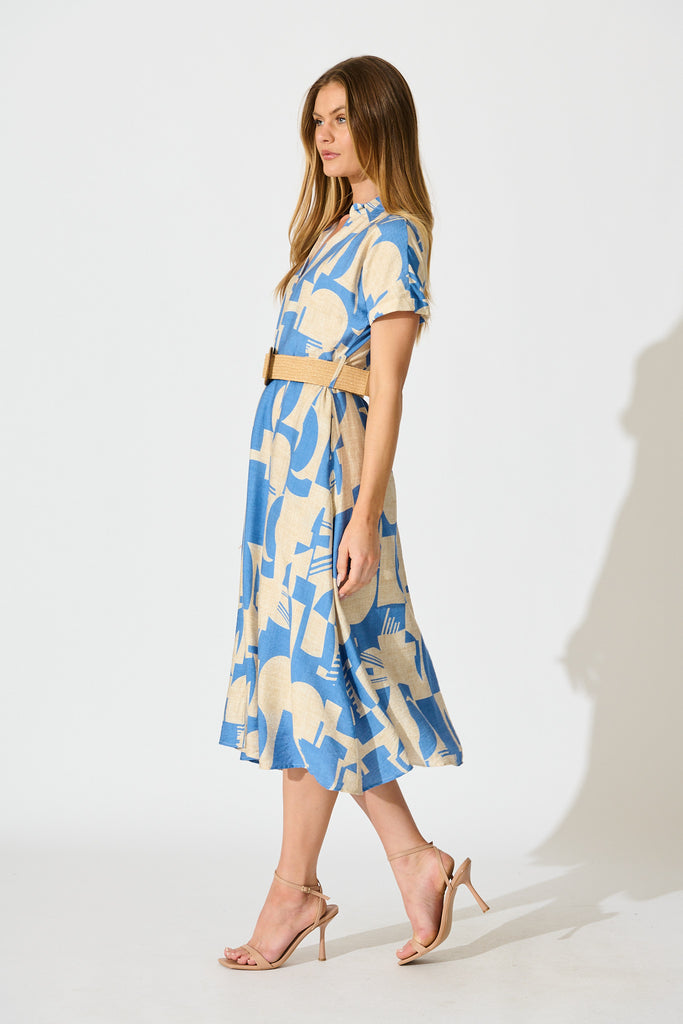 Charli Midi Shirt Dress in Blue Geometric Print with Belt side