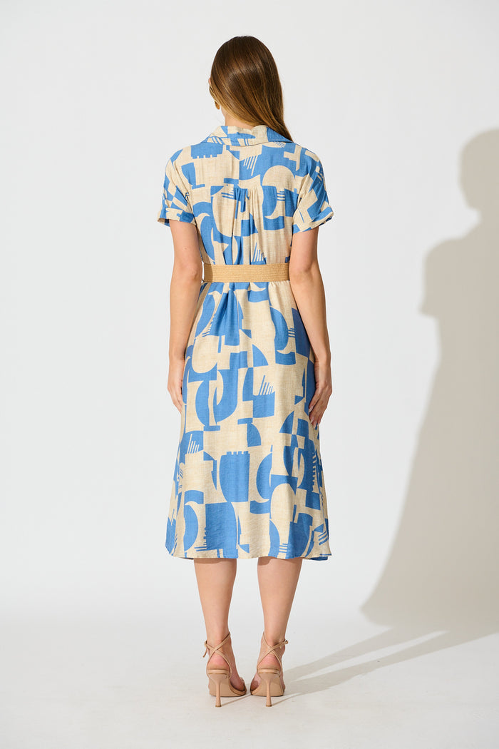 Charli Midi Shirt Dress in Blue Geometric Print with Belt back