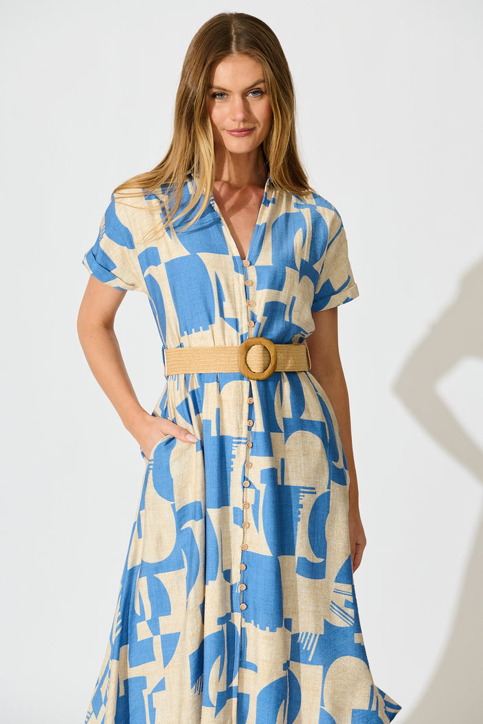 Charli Midi Shirt Dress in Blue Geometric Print with Belt front