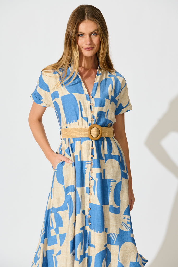 Charli Midi Shirt Dress in Blue Geometric Print with Belt front