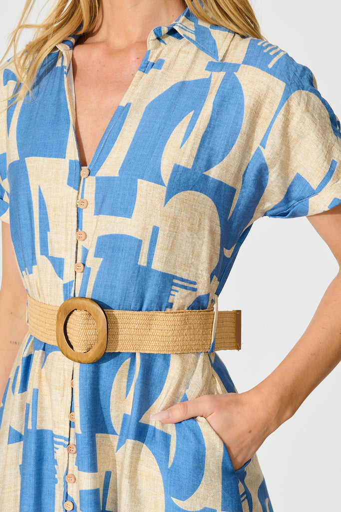Charli Midi Shirt Dress in Blue Geometric Print with Belt detail