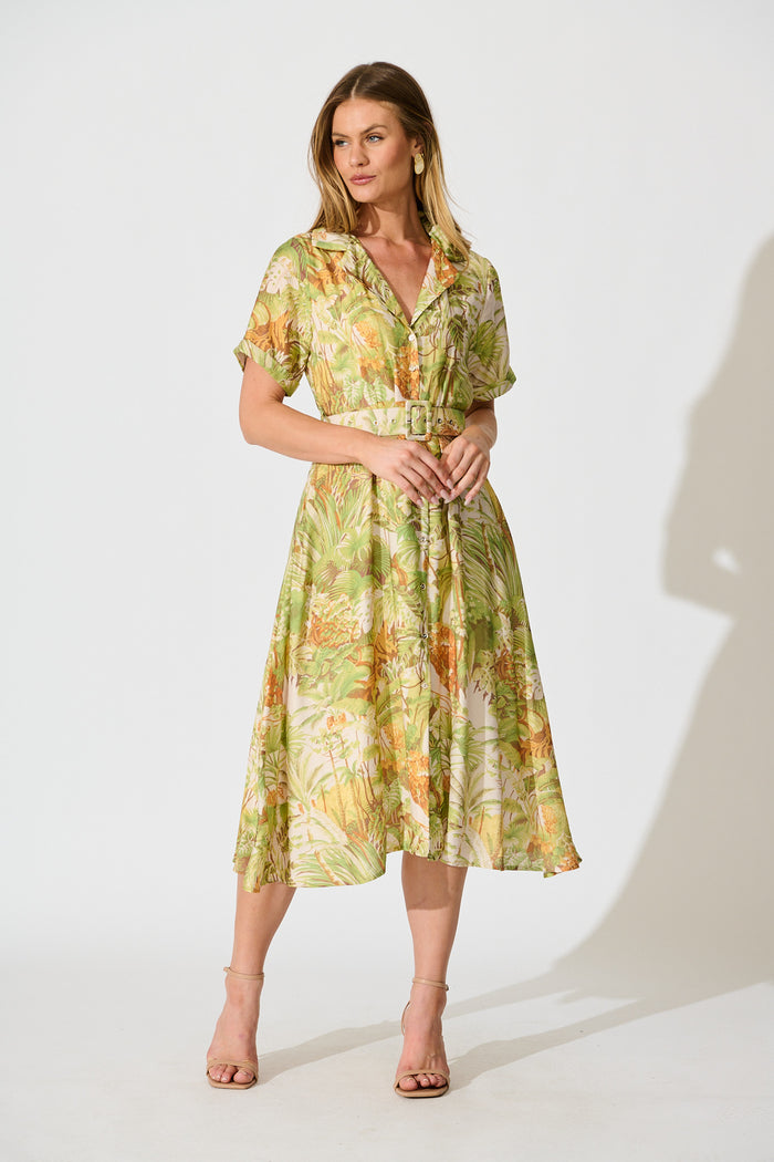 My Sweet Midi Shirt Dress in Green Multi Leaf Print full length