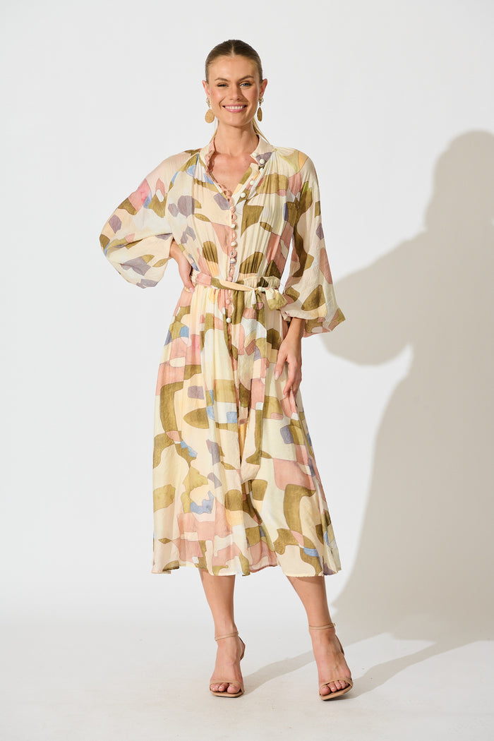 Tamia Midi Dress in Brown with Multi Print full length