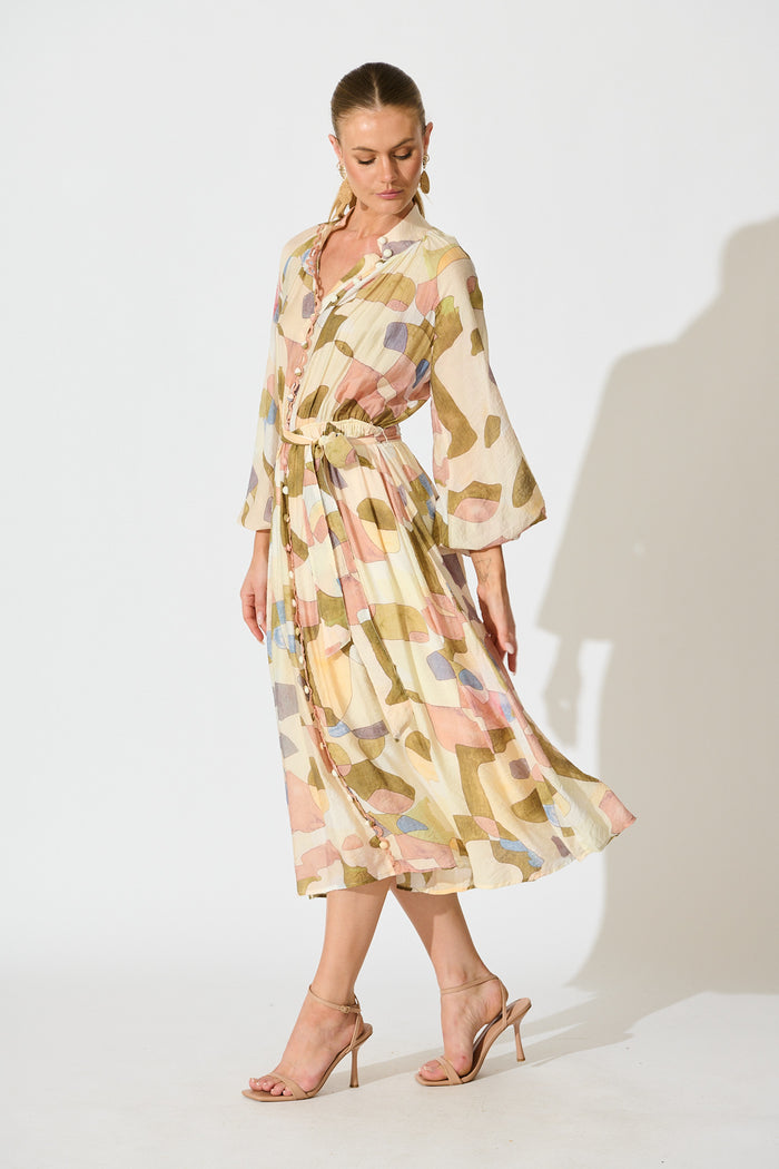 Tamia Midi Dress in Brown with Multi Print side