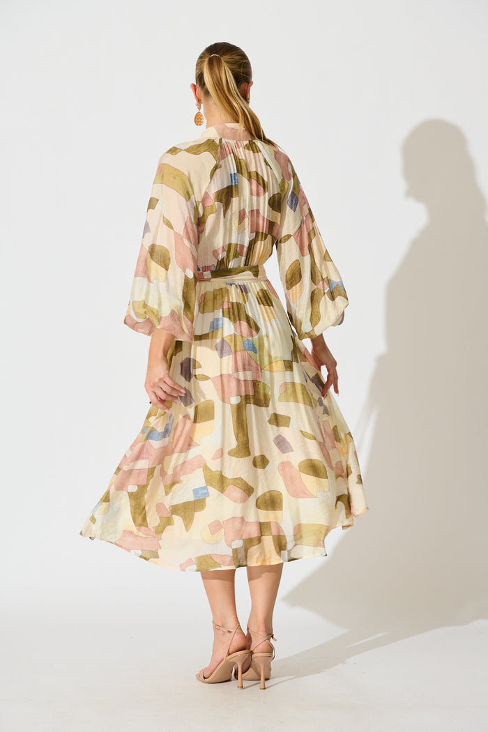 Tamia Midi Dress in Brown with Multi Print back