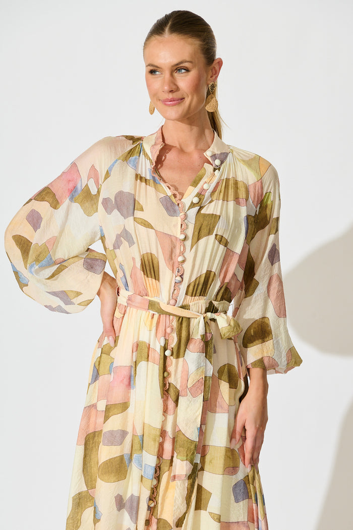 Tamia Midi Dress in Brown with Multi Print front