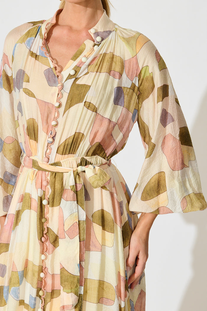 Tamia Midi Dress in Brown with Multi Print detail