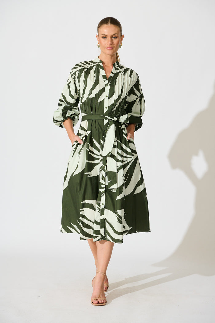 Margot Midi Dress in Green with White Leaf Cotton full length