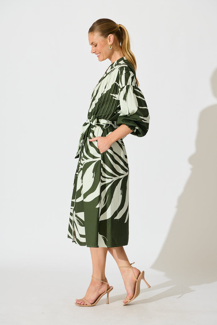 Margot Midi Dress in Green with White Leaf Cotton side