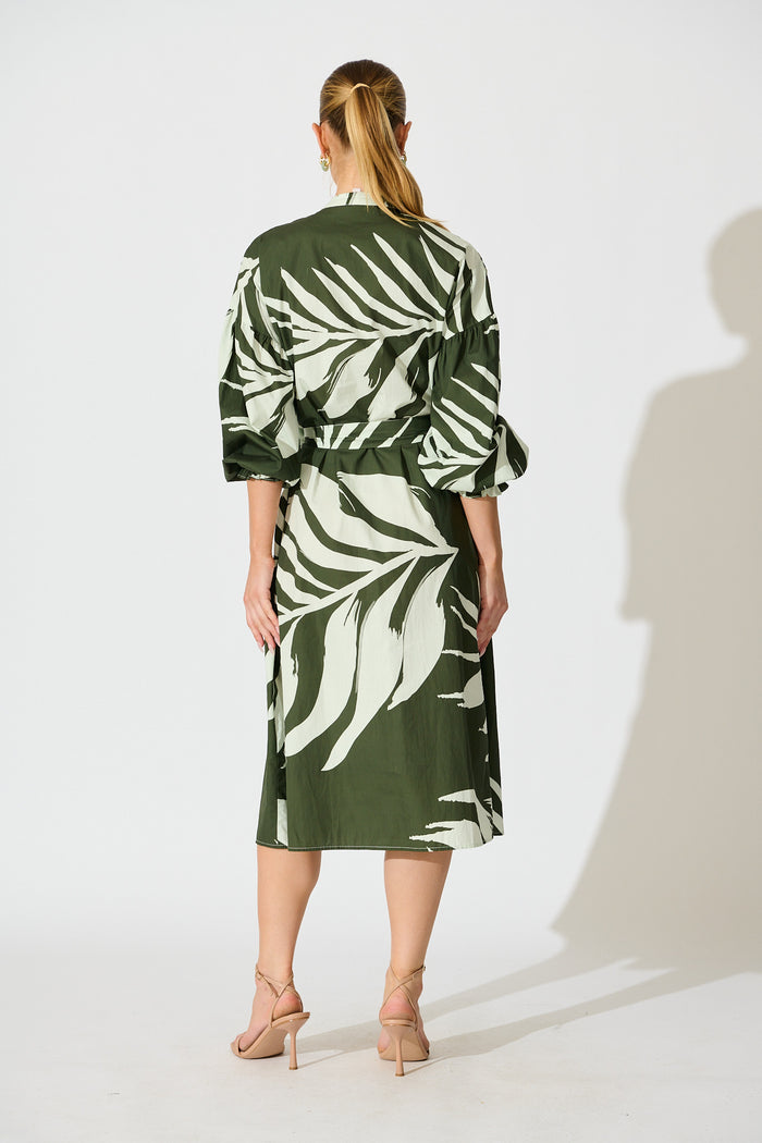 Margot Midi Dress in Green with White Leaf Cotton back