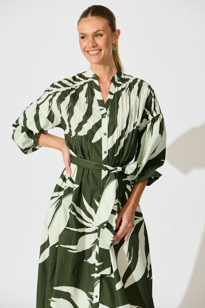 Margot Midi Dress in Green with White Leaf Cotton front