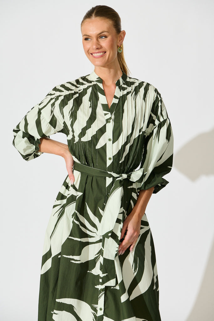 Margot Midi Dress in Green with White Leaf Cotton front