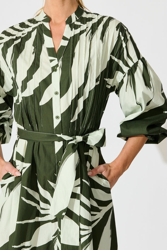 Margot Midi Dress in Green with White Leaf Cotton detail