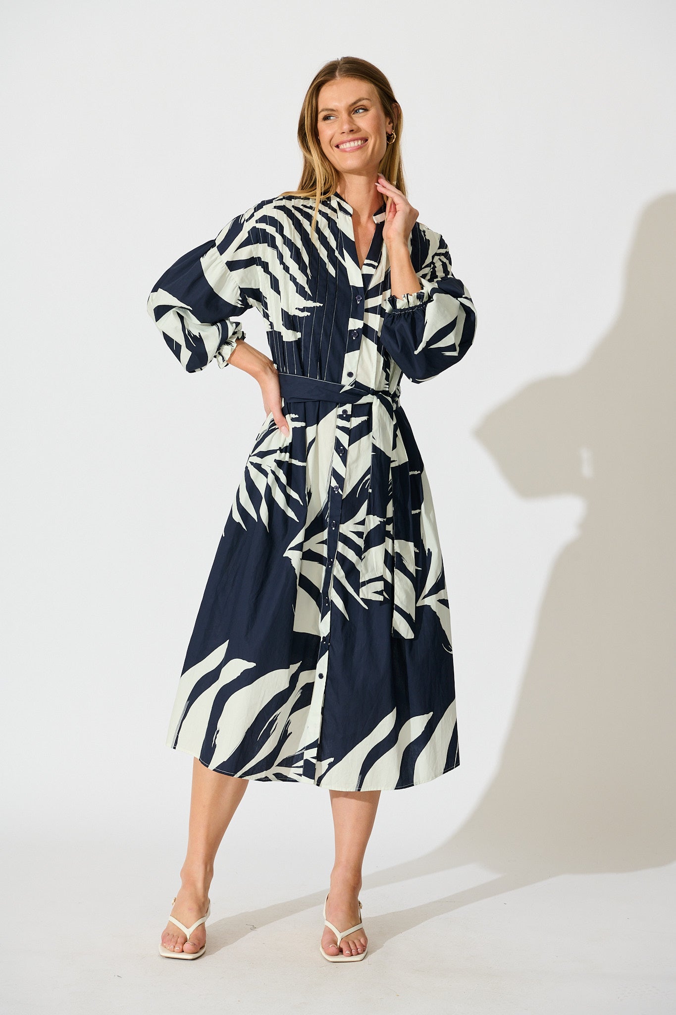 Margot Midi Dress in Navy with White Leaf Cotton full length