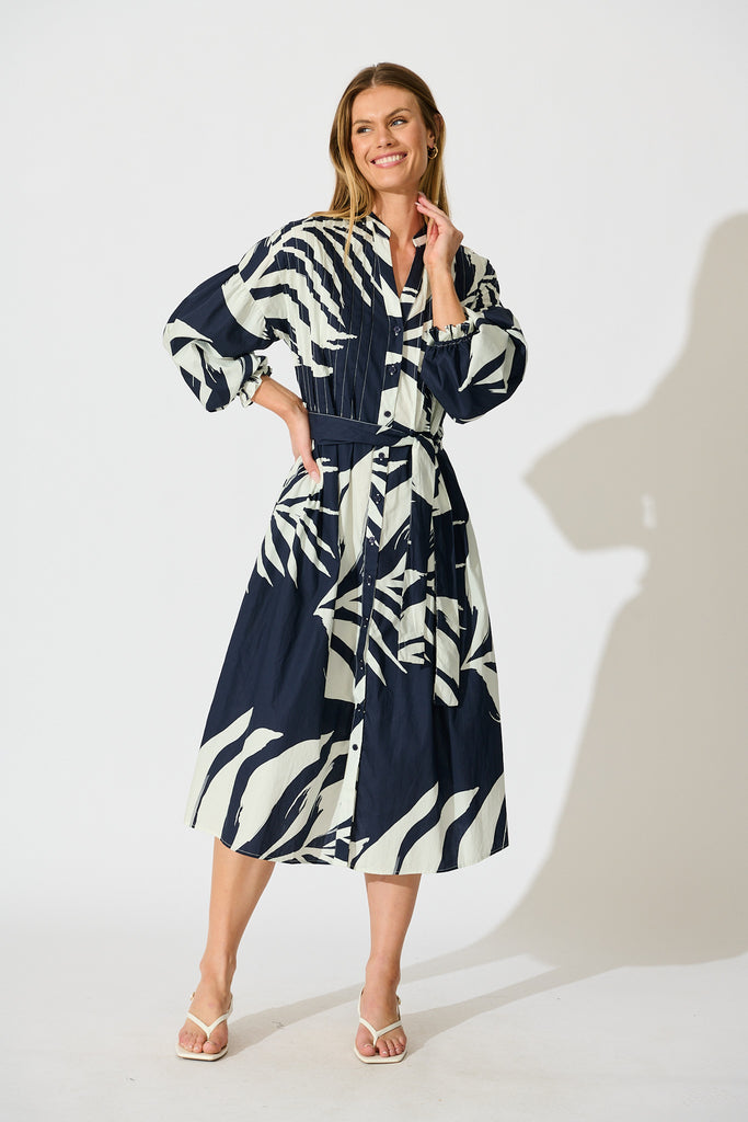 Margot Midi Dress in Navy with White Leaf Cotton full length