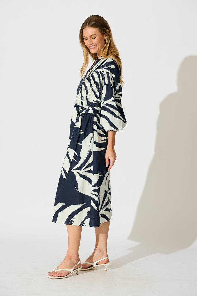 Margot Midi Dress in Navy with White Leaf Cotton side