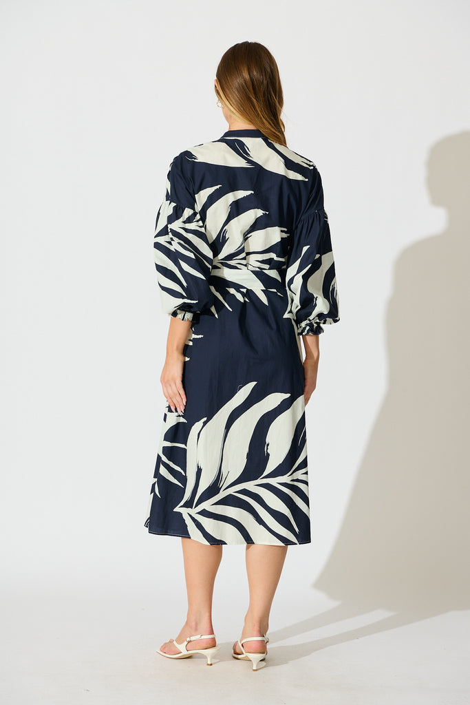 Margot Midi Dress in Navy with White Leaf Cotton back