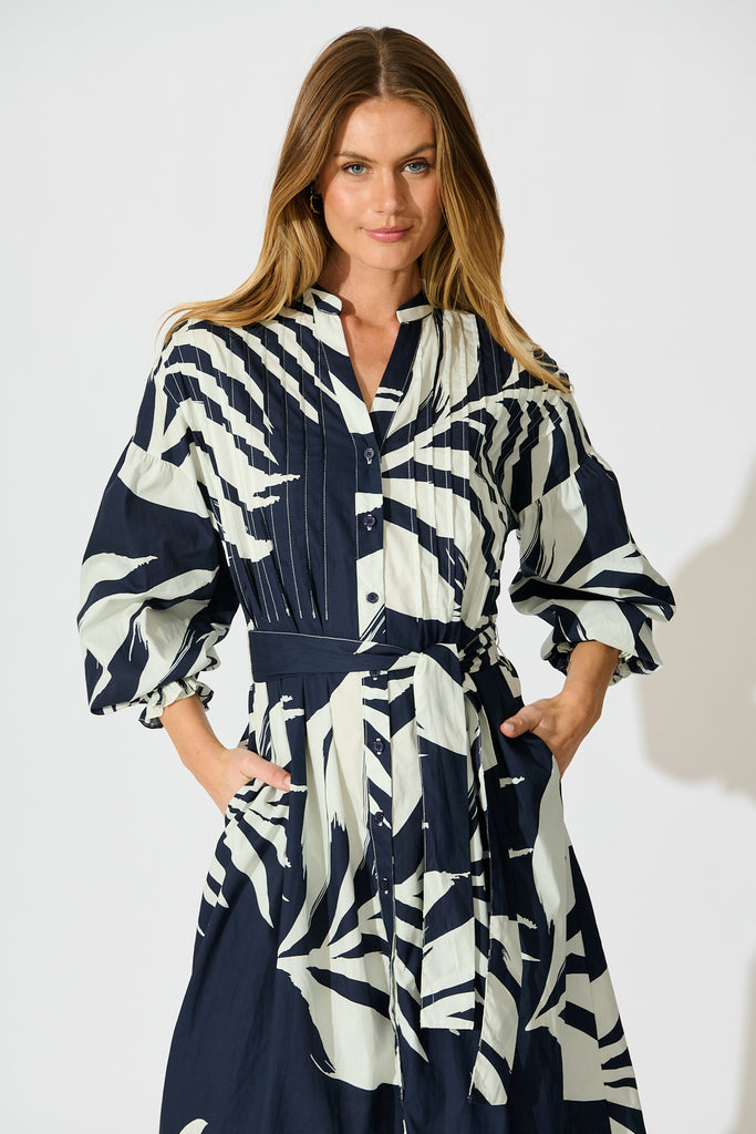 Margot Midi Dress in Navy with White Leaf Cotton front