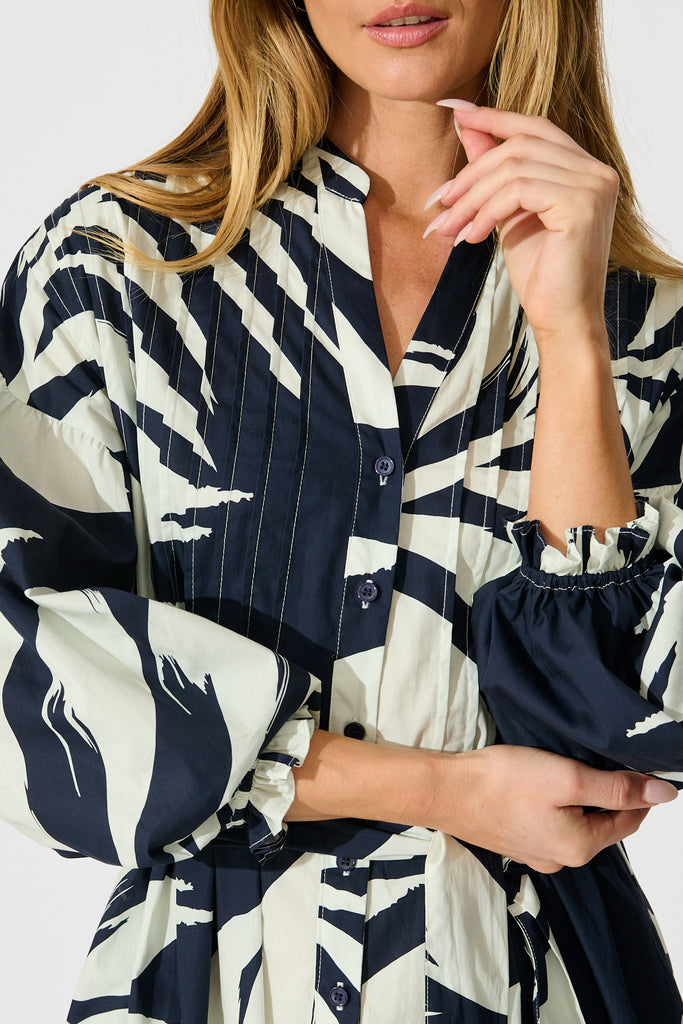 Margot Midi Dress in Navy with White Leaf Cotton detail