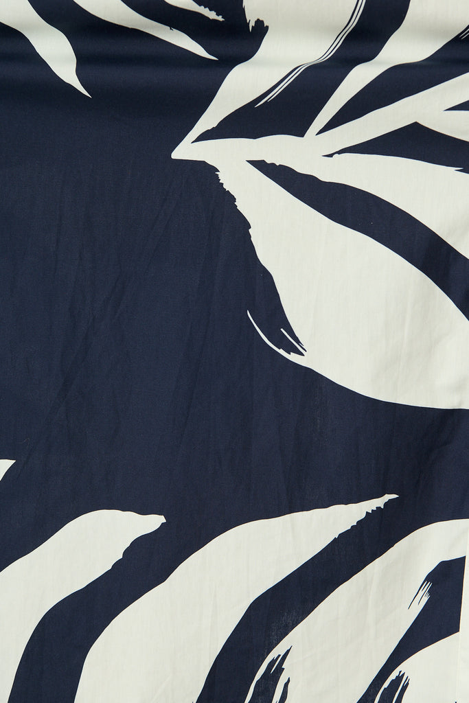 Margot Midi Dress in Navy with White Leaf Cotton fabric