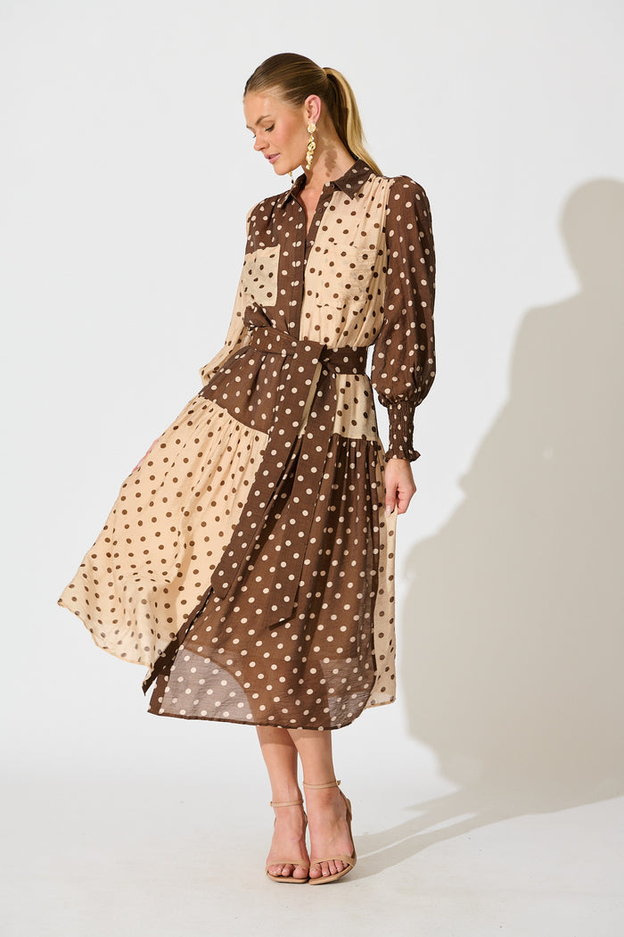 Isley Midi Shirt Dress in Multi Brown Polka Dot full length
