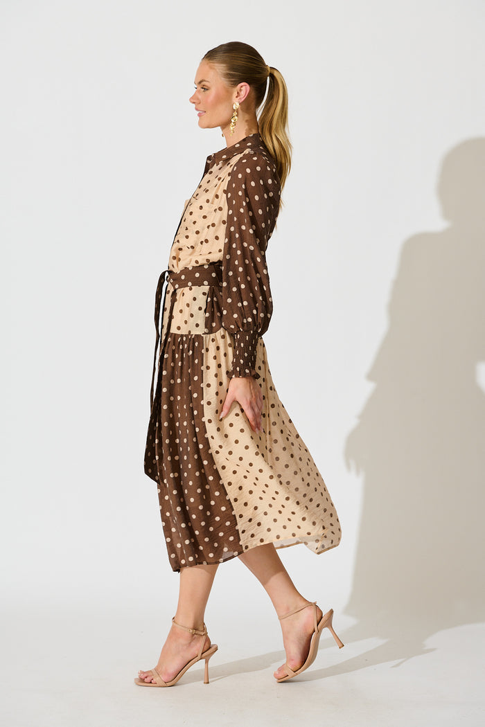Isley Midi Shirt Dress in Multi Brown Polka Dot side
