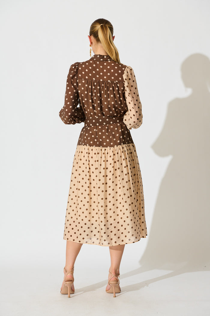 Isley Midi Shirt Dress in Multi Brown Polka Dot back