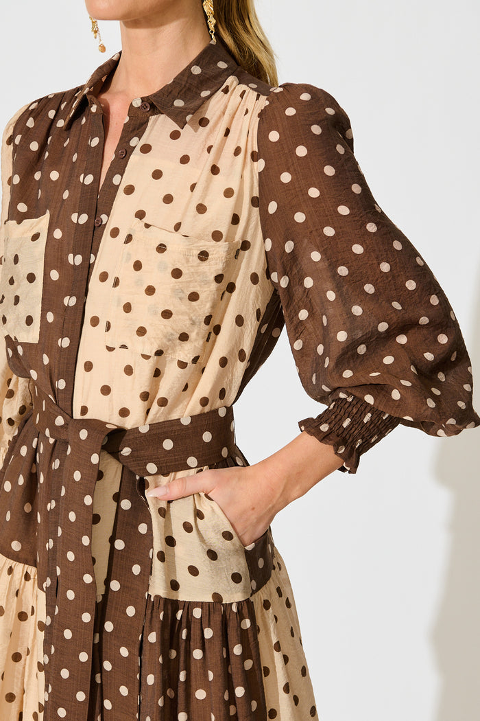 Isley Midi Shirt Dress in Multi Brown Polka Dot detail