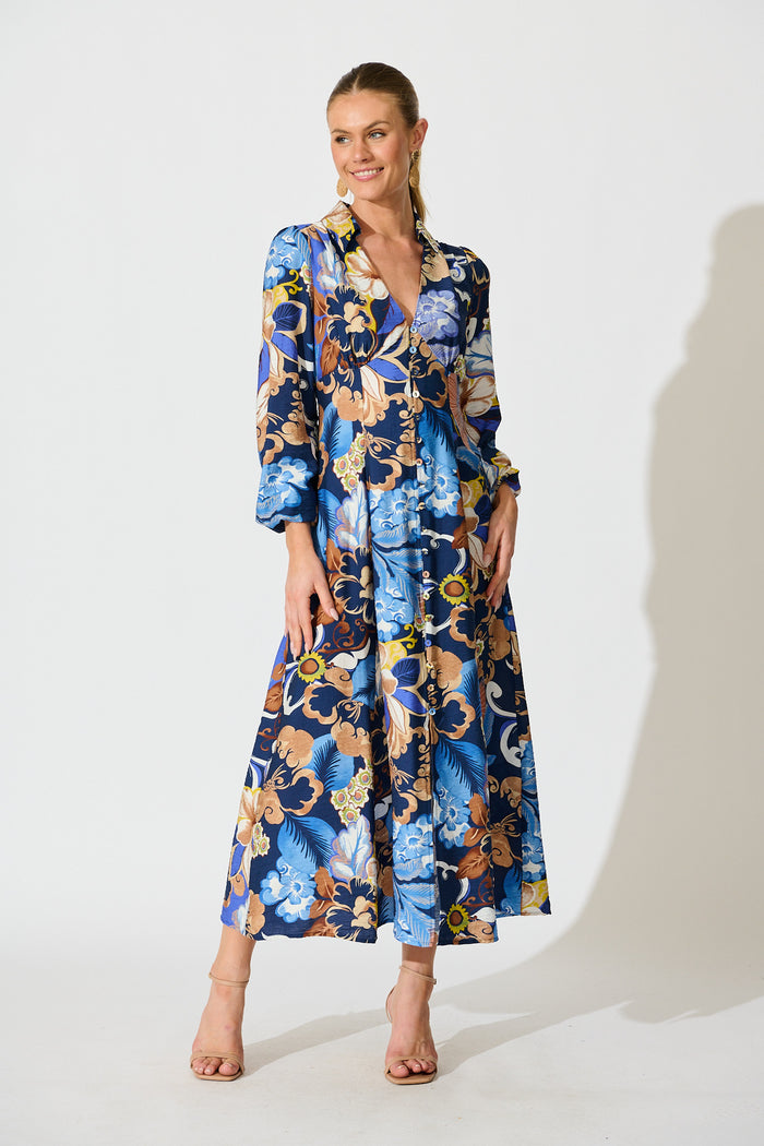 Armina Maxi Shirt Dress in Navy with Multi Floral full length