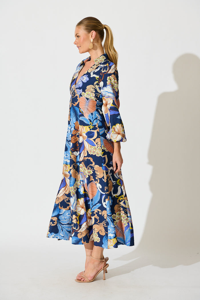 Armina Maxi Shirt Dress in Navy with Multi Floral side