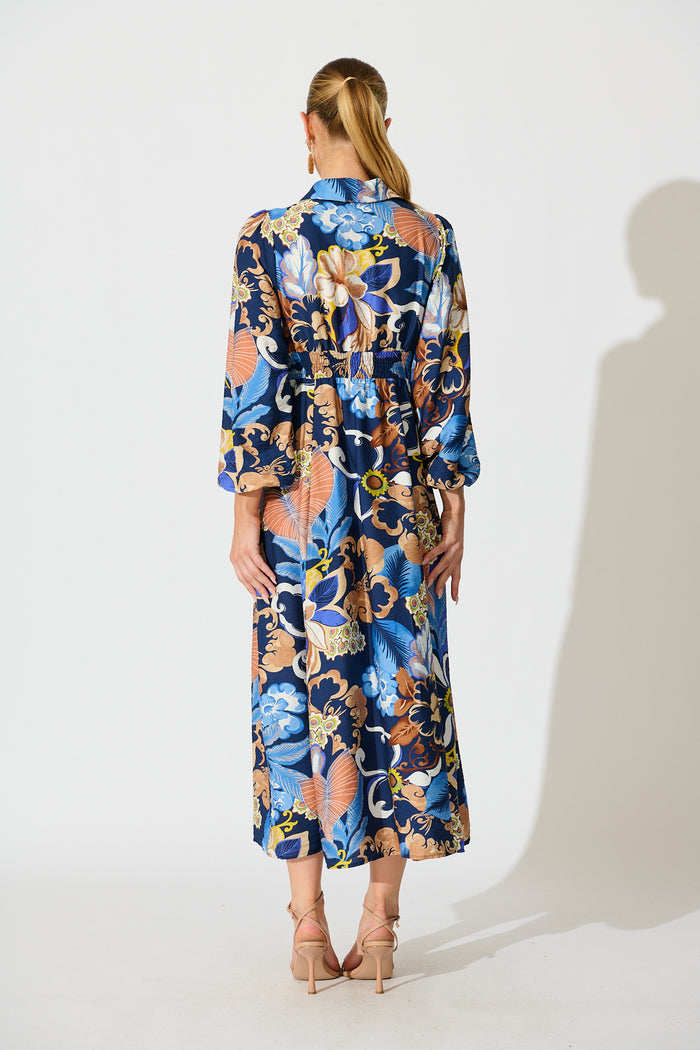 Armina Maxi Shirt Dress in Navy with Multi Floral back