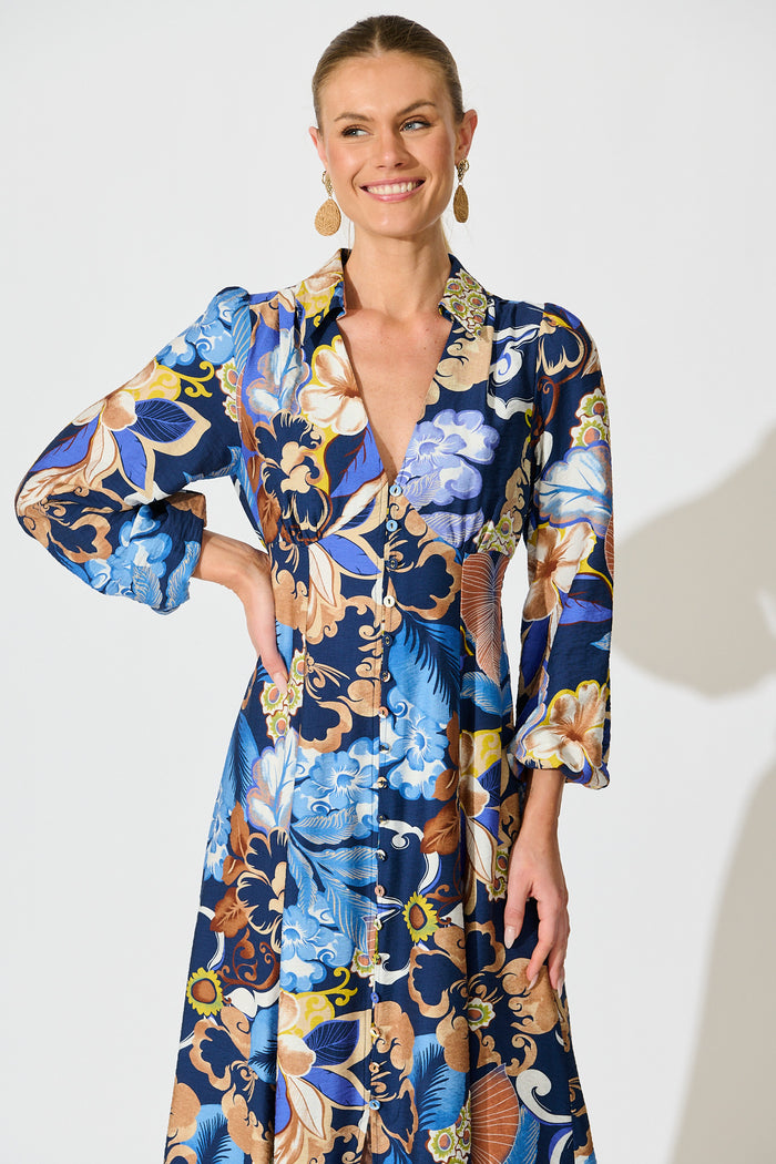 Armina Maxi Shirt Dress in Navy with Multi Floral front