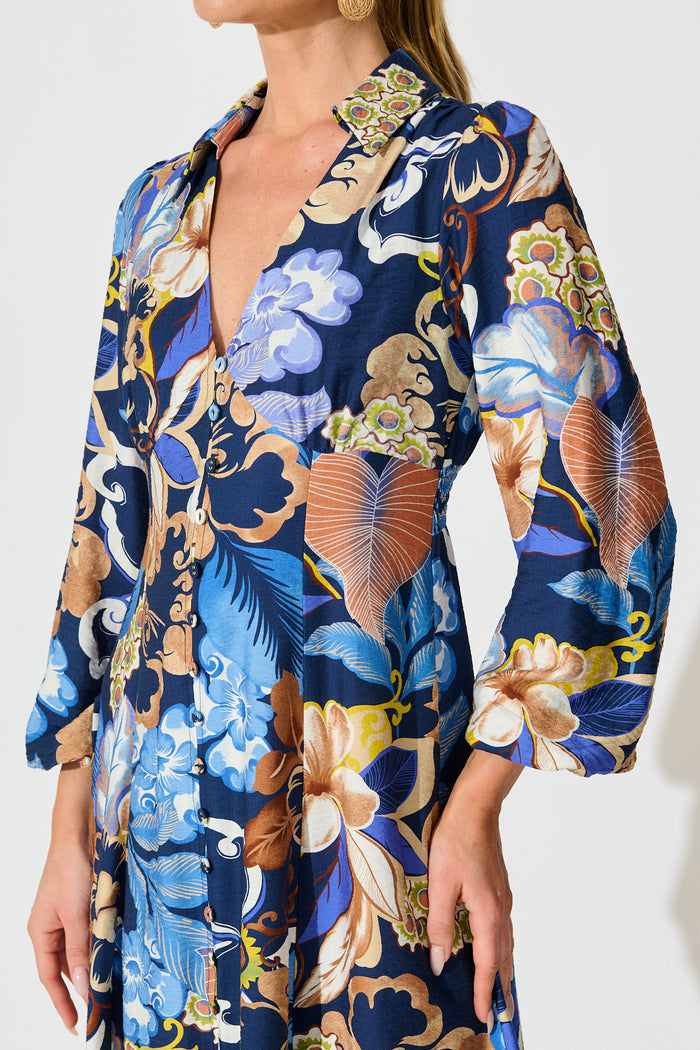Armina Maxi Shirt Dress in Navy with Multi Floral detail