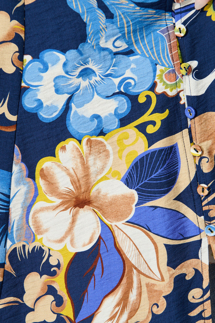 Armina Maxi Shirt Dress in Navy with Multi Floral fabric