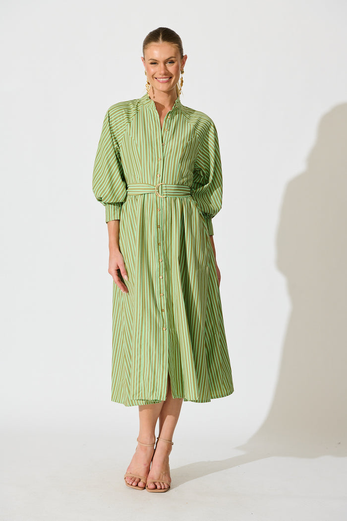 Tatiana Midi Shirt Dress in Green Stripe Cotton Blend full length
