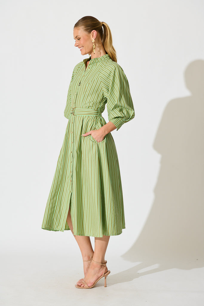 Tatiana Midi Shirt Dress in Green Stripe Cotton Blend side