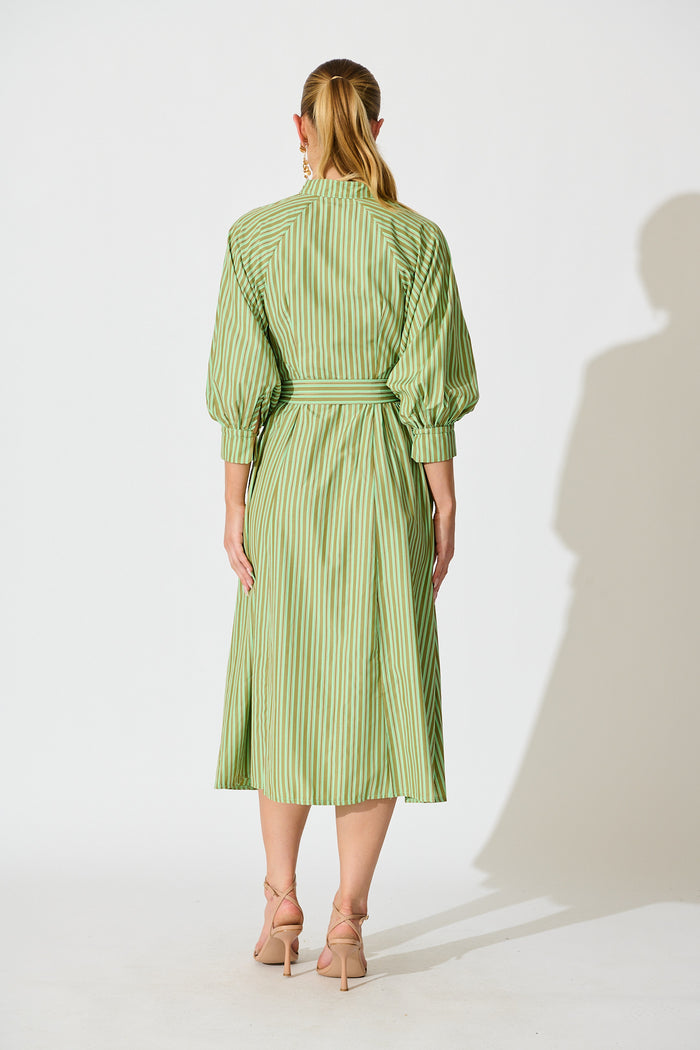 Tatiana Midi Shirt Dress in Green Stripe Cotton Blend back