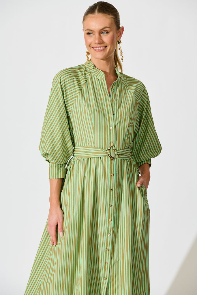 Tatiana Midi Shirt Dress in Green Stripe Cotton Blend front