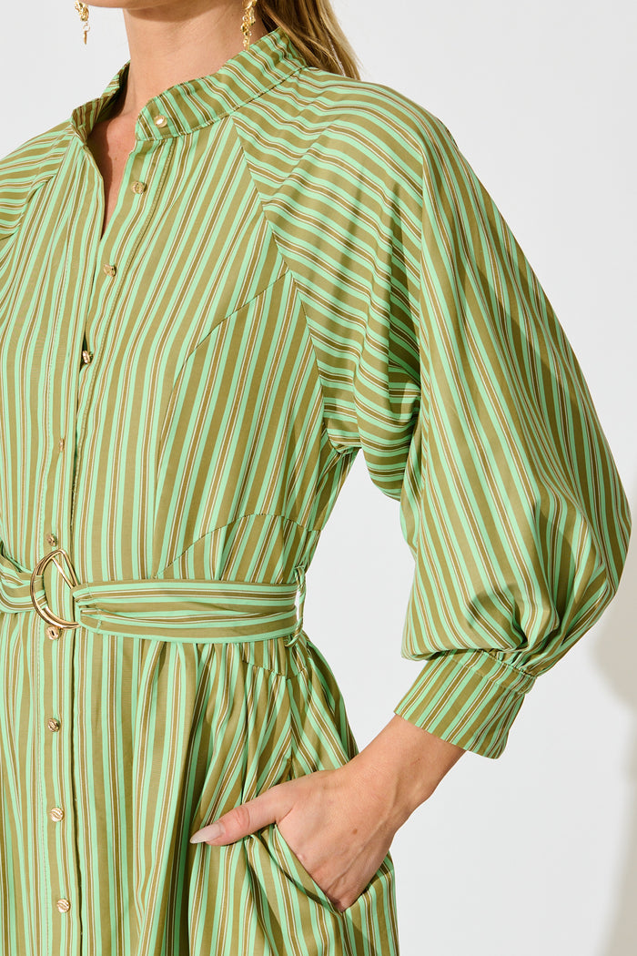 Tatiana Midi Shirt Dress in Green Stripe Cotton Blend detail