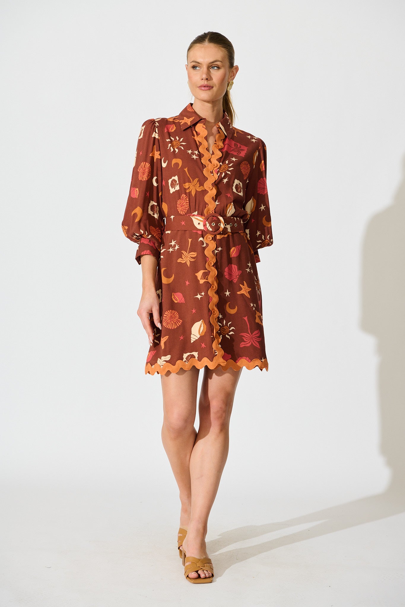 Charmain Dress in Multi Brown Summer Print full length