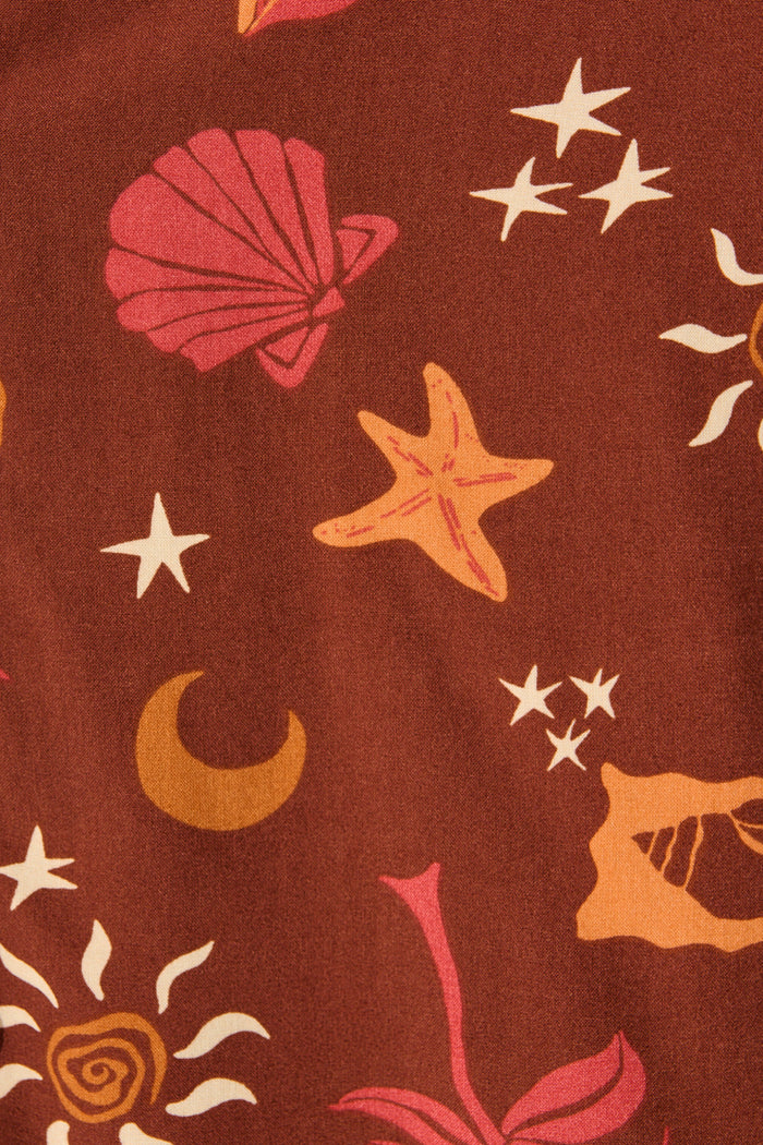 Charmain Dress in Multi Brown Summer Print fabric