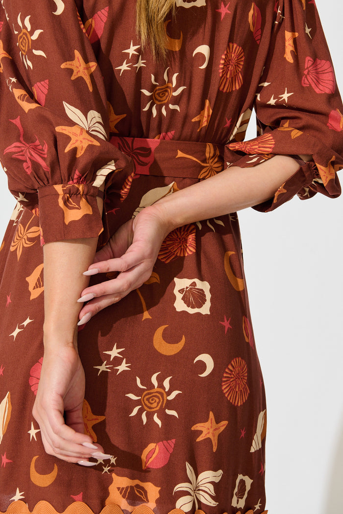 Charmain Dress in Multi Brown Summer Print detail