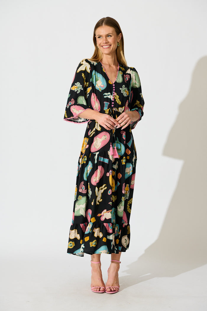 Kelsey Midi Dress in Black with Multi Print full length